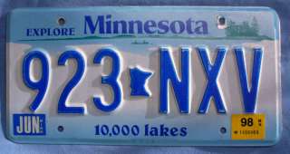 1998 Minnesota License Plate #923 NXV 10,000 Lakes  