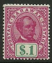 SARAWAK SG47 1899 $1 ROSE CARMINE & GREEN MTD MINT  