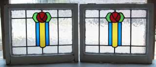 Pair of Antique Stained Glass Windows Four color Craftsman Roses Ruby 