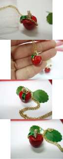 Red enamel green leaf apple gold tone chain necklace  