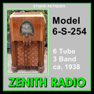 ZENITH Vintage Antique CONSOLE VACUUM TUBE RADIO 6 S 254 Shortwave AM 