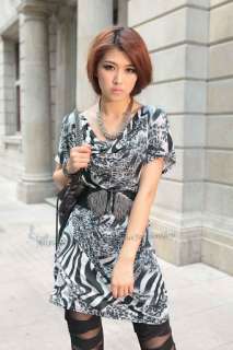   Fashion Womens Cowl neck Tunic Animal Zebra Print Mini Dress S M NEW