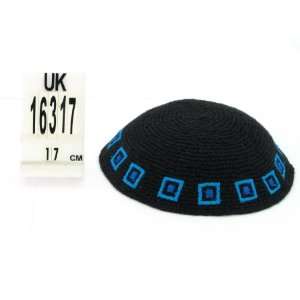 Knitted Kippah (Kippa, Yarmulke) Black, Blue Squars  18cm 