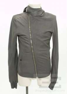 Rick Owens Grey Leather Asymmetrical Zip Up Hooded Mens Jacket Size 