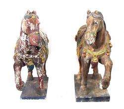 PAIR ANTIQUE CHINESE POLYCHROME WOOD HORSE SCULPTURES  