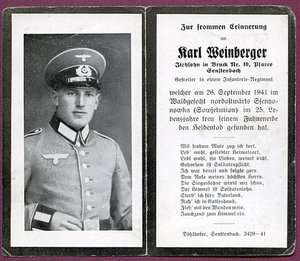 1941 German Death Card Gefreiter Karl Weinberger  