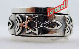925 STERLING SILVER MESSIANIC RING Judaism Menorah Fish Jewish Star of 