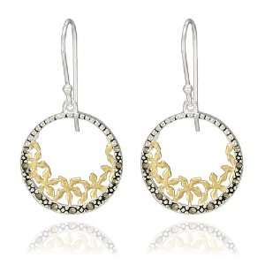  Sterling Silver Marcasite Open Circle Yellow Gold Plated 