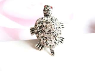Womens Adjustable Cute Rhinestone Crystal Turtle Ring Black/Silver 