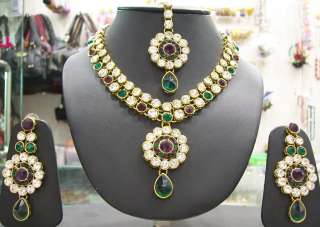 NEW INDIAN BEAUTIFUL AD STUDDED GRAND LOOK NECKLACE EARRINGS MANGTIKKA 