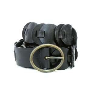  FOSSIL Black Leather Disks Belt with Aged Brass Buckle 