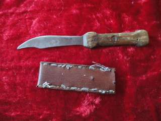 knife hand made mini antique primitive wood & leather case  