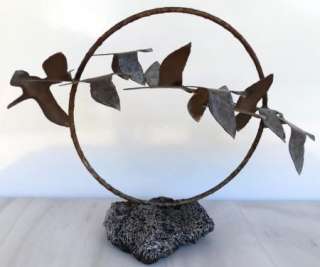   Abstract Metal Flying Bird 3D Sculpture Volcanic Base Signed  