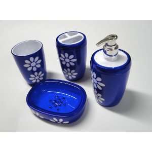   Acrylic Bathroom Accessories Set   Blue Background and White Flower