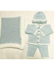   hand crochet light blue cotton white chenille trim boys cardigan pant
