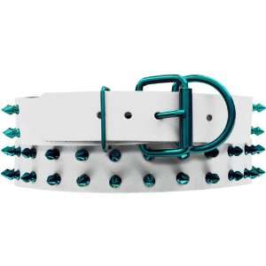   White Leather Dog Collar with Spikes, Caribbean Teal