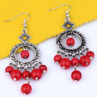 black Tibet silver howlite red turquoise bead dangle earrings fashion 