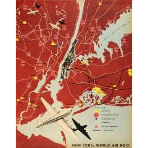 com 1945 Print New York Map World Airport Airlines Aviation Airplane 
