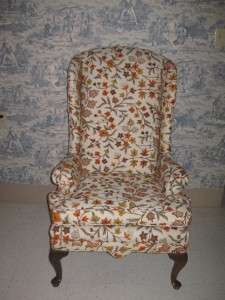   Georgian Court Crewel Upholstered Wing Chair 20 7606 Queen Anne legs