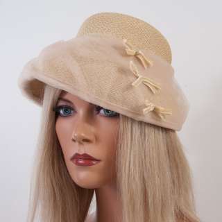   Ivory STRAW Buff Netting Lace Top Cloche Bell Hat   Union Made  