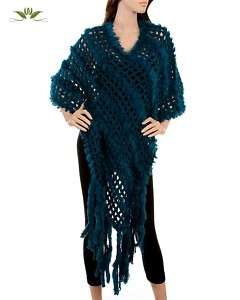 Teal Crochet Shawl w/hanging front fringes. One Size.  
