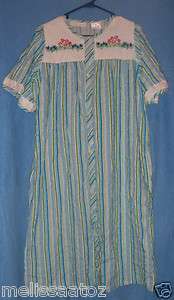   Lady Relax turquoise stripe flower button down night gown house coat S