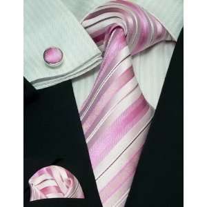  Mens Stripe Pink & White 100% Silk Tie Set TheDapperTie 