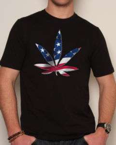 USA American Flag Marijuana Leaf Black Cotton Tee Shirt  