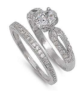 Sterling Silver 925 Women Ring Size 5 Wedding Set Oval Cut CZ  