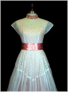   40s CUTWORK White Cotton Wedding Dress Hat Gloves Slip Belt 5pc Set S