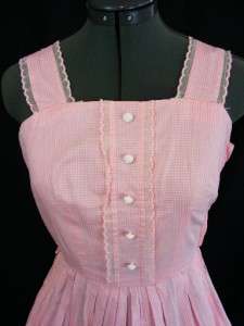 Vintage 50s Pink White Gingham Cotton Sundress Full Skirt 36B XS S 
