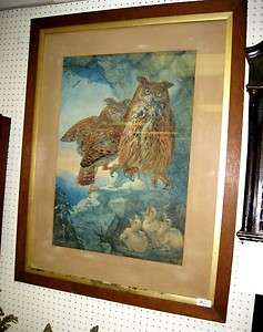 ca1890 Large Antique Watercolor Painting of Owls by English Artist 