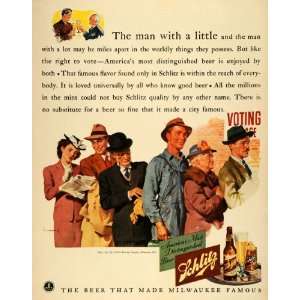 1941 Ad WWII Civilians Voting Milwaukee WI Joseph Schlitz Beer Bottle 