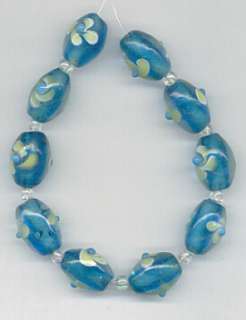 Turquoise Blue Oval with Yellow White Flower Lampwork Glass Beads 16mm 
