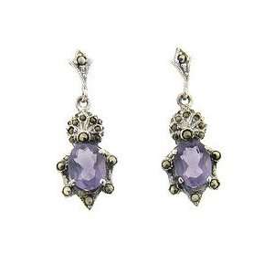  Sterling Silver Marcasite Purple Hanging Earrings Jewelry