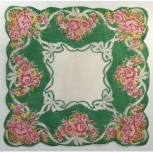  Vintage Ladies Handkerchief Ribbon And Roses Floral Design 