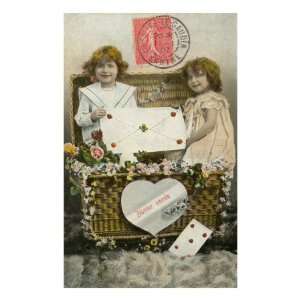 Bonne Annee, Girls in Basket Premium Poster Print, 16x24 