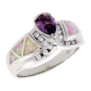 Sterling Silver, Synthetic Opal Inlay Ring, w/ Pear Shape Amethyst CZ 