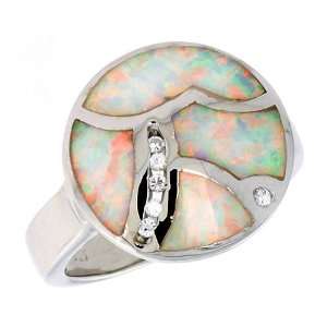 Sterling Silver, Synthetic Opal Inlay Round Ring, w/ Brilliant Cut CZ 