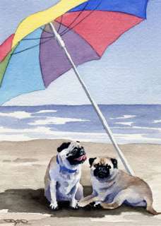 PUGS BEACH Watercolor Dog Art ACEO Print Signed DJR  