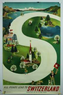 All Roads Switzerland Original Vintage Travel Poster  
