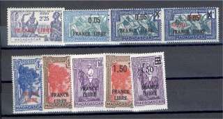 FRANCE LIBRE, MADAGASCAR NEVER HINGED GROUP 9 STAMPS  