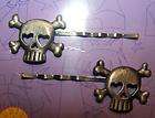 Two 2 Skull Hair Clips Pins Punk Gothic Costume Jewelry Accessory