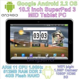 Android 2.2 Tablet PC 10.2 SuperPad 3 WiFi 3G GPS ePad  