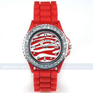 Zebra Animal Print Crystal Bezel Jelly Silicone Watch  