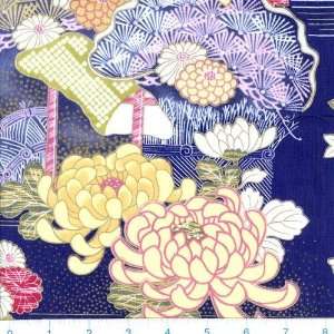  45 Wide Kimono Art Floral Blossoms Blue Fabric By The 