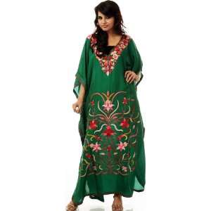  Green Kashmiri Kaftan with Embroidered Flowers   Pure Silk 
