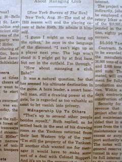 1933 newspaper BABE RUTH announces that he will QUIT playing Baseball 