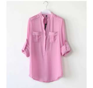 Lady Chiffon Ruffled Shoulder Shirt Blouse Pocket M L Pink White #T4X 