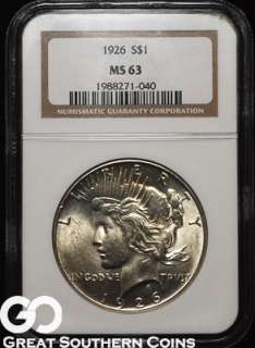 1926 NGC Peace Silver Dollar NGC MS 63  